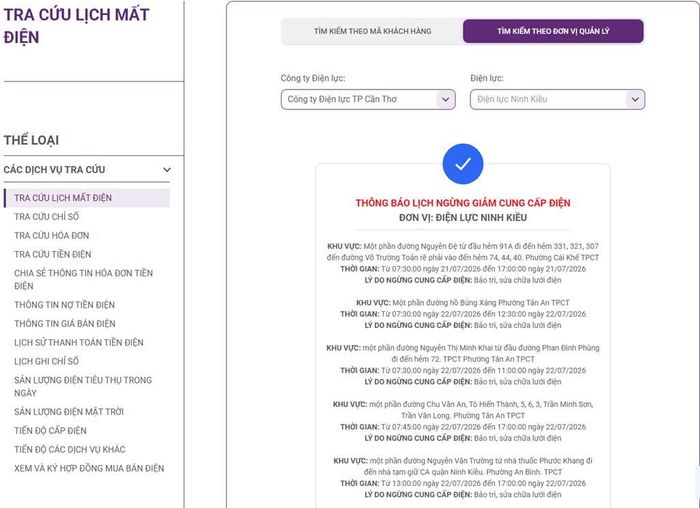 Lịch cắt điện Cần Thơ cập nhật tại Điện lực miền Nam. Ảnh: BNEWS