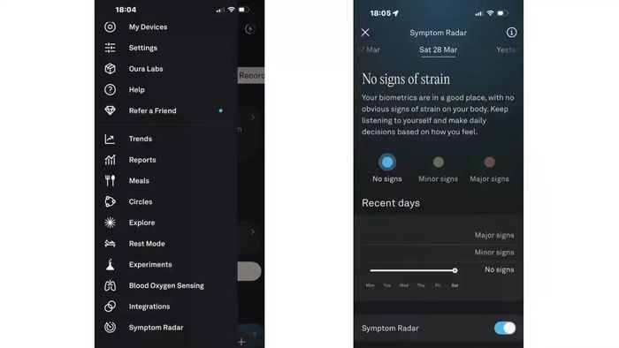 Symptom Radar là một trong những tính năng đáng chú ý của Oura, đặc biệt dành cho những ai muốn chiếc nhẫn thông minh có thể hỗ trợ phát hiện sớm các dấu hiệu bất thường của cơ thể