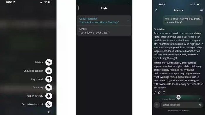 Oura đã bổ sung Advisor, trợ lý AI được cá nhân hóa có khả năng giải thích xu hướng sức khỏe, trả lời các câu hỏi liên quan đến dữ liệu mà Oura Ring thu thập, cung cấp thêm bối cảnh cho các chỉ số ngày và đêm