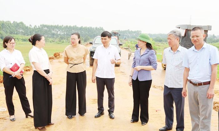 Chủ tịch Ủy ban MTTQ tỉnh Nguyễn Thị Hà (thứ 3 từ phải sang) kiểm tra tiến độ dự án nâng cấp tuyến đê tả Sỏi.