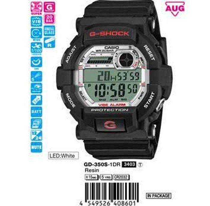 Cận cảnh thiết kế của Casio G-Shock GD-350S-1D với khung viền trắng tương phản.