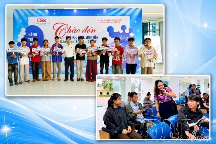 Lãnh đạo nhà trường trò chuyện, động viên học sinh, sinh viên trước thời điểm làm thủ tục.