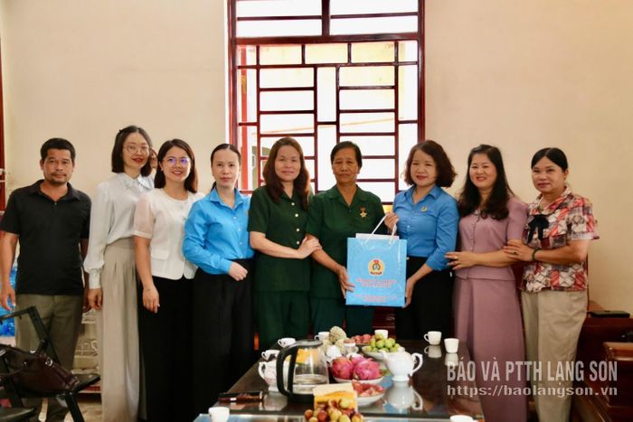 Lãnh đạo Liên đoàn Lao động tỉnh và Hội Cựu TNXP tỉnh tặng quà cho thương binh Dương Thị Minh Huệ, thôn Nà Noọng, xã Tràng Định