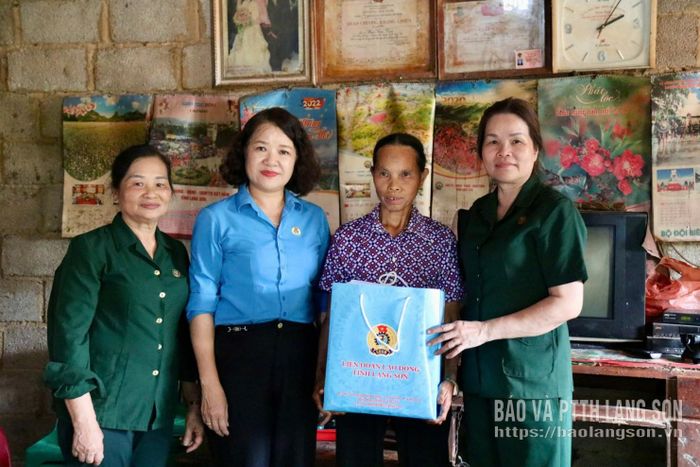 Lãnh đạo Liên đoàn Lao động tỉnh và Hội Cựu TNXP tỉnh tặng quà cho gia đình liệt sĩ Hứa Viết Táy, thôn Na Hình, xã Thụy Hùng