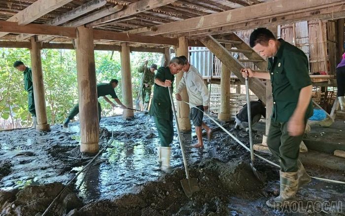 Hội viên Hội Cựu chiến binh xã hỗ trợ gia đình đổ bê tông nền nhà.