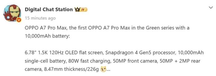 Thông tin OPPO A7 Pro Max được chia sẻ bởi leaker Digita Chat Station