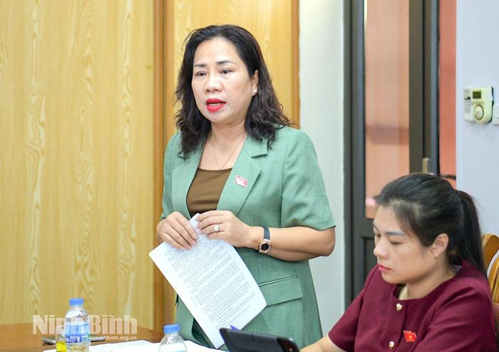 Bà Trần Thị Hiền, Chủ tịch HĐQT, Giám đốc Công ty cổ phần Xây dựng và phát triển hạ tầng kỹ thuật Hà Nam, ĐBQH tỉnh phát biểu tại buổi làm việc. Ảnh: Trường Giang