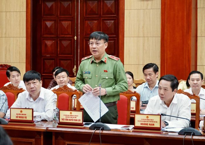 Đồng chí Thiếu tướng Nguyễn Thanh Liêm, Giám đốc Công an tỉnh phát biểu tại buổi làm việc - Ảnh: H.N