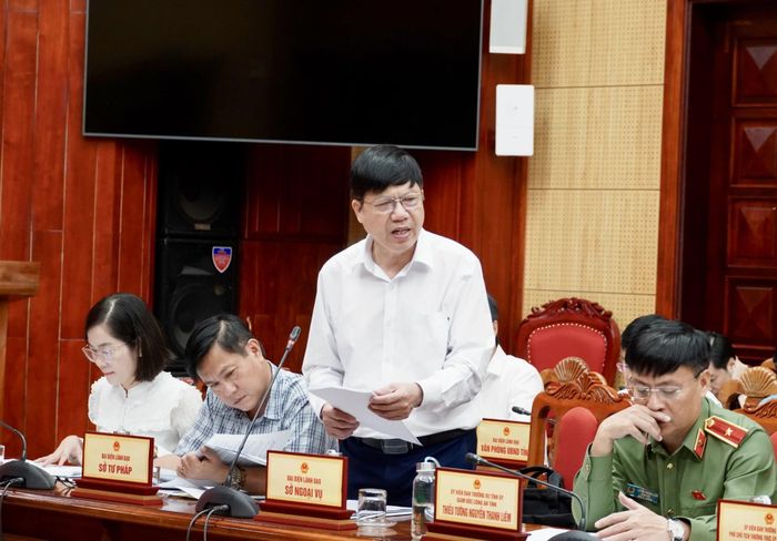 Đại diện lãnh đạo Sở Ngoại vụ báo cáo tình hình triển khai Luật Thỏa thuận quốc tế năm 2020 trên địa bàn tỉnh - Ảnh: H.N