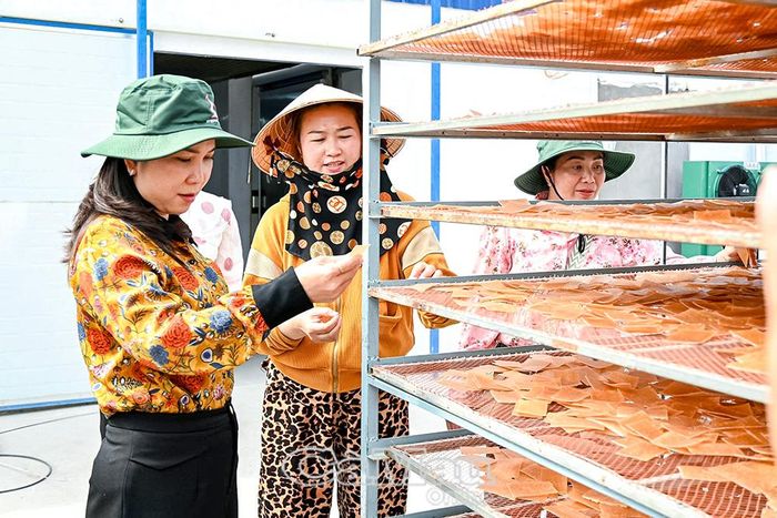 Chủ tịch Hội LHPN tỉnh Lê Thị Ngọc Linh (bìa trái) tham quan mô hình làm bánh phồng tôm của hội viên, phụ nữ xã Năm Căn.