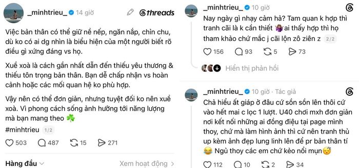 Bài đăng của Minh Triệu kéo cô vào ồn ào mới . Ảnh: Threads nhân vật