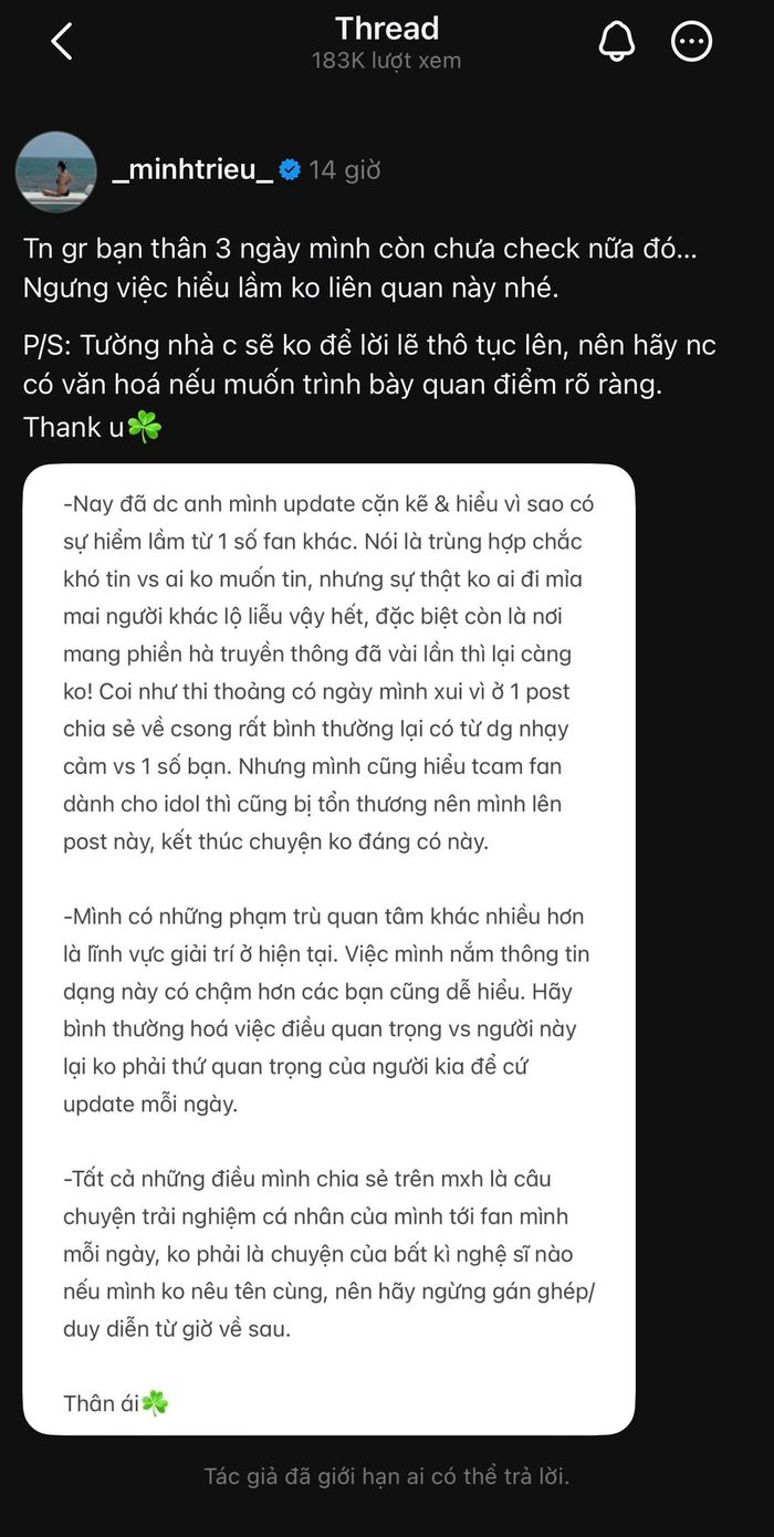 Minh Triệu giới hạn bình luận trên bài đăng lên tiếng của mình . Ảnh: Threads nhân vật