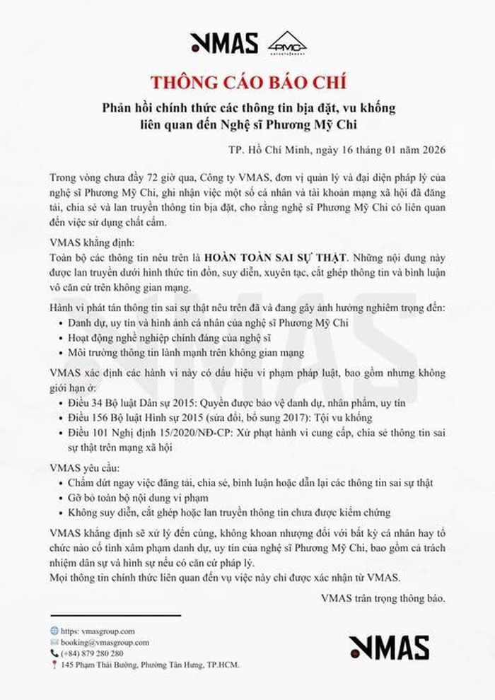 Thông cáo báo chí của công ty VMAS. Ảnh: FBNV