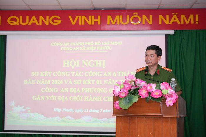 Thượng tá Lê Mạnh Hà - Trưởng Công an xã Hiệp Phước phát biểu