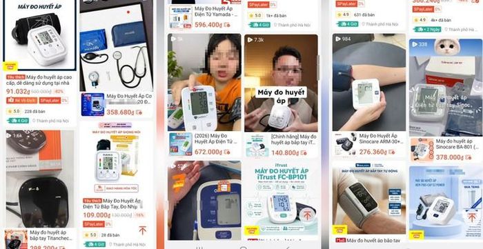 Máy đo huyết áp giá chỉ vài chục đến vài trăm nghìn đồng được rao bán trên sàn thương mại điện tử. Ảnh chụp màn hình.