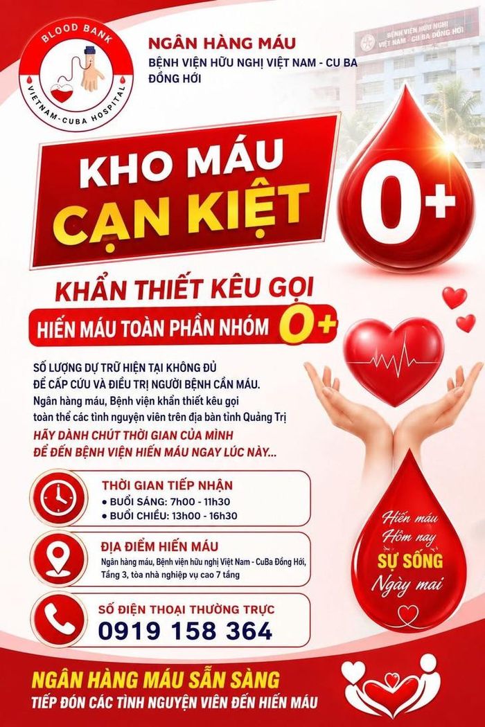 Nhóm máu 0+ khan hiếm, bệnh viện kêu gọi tình nguyện viên tham gia hiến máu.