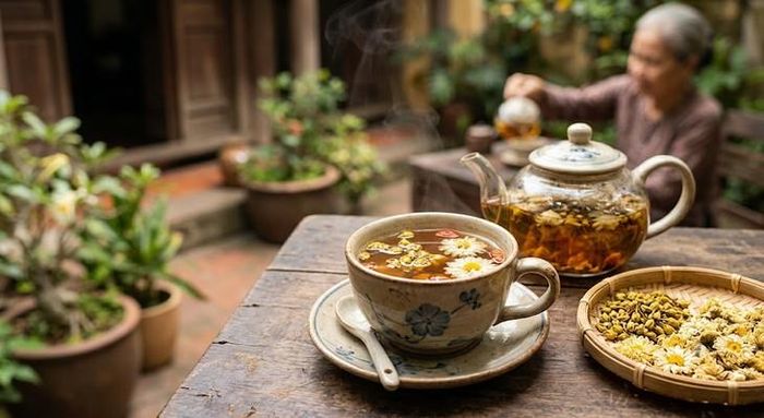 Trà hòe hoa - cúc hoa phù hợp với người tăng huyết áp kèm đau đầu, nóng trong hoặc mắt đỏ.