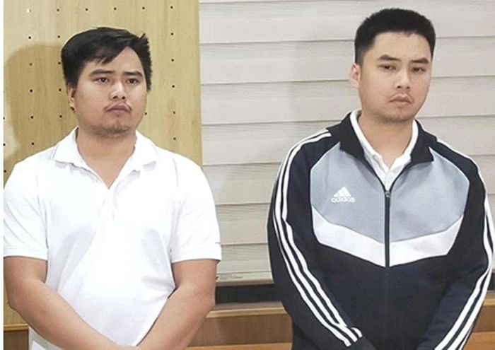 Hai bị can Đào Văn Minh và Đào Văn Cảnh trong vụ án sản xuất, buôn bán nước hoa giả. Ảnh: Công an Thanh Hóa
