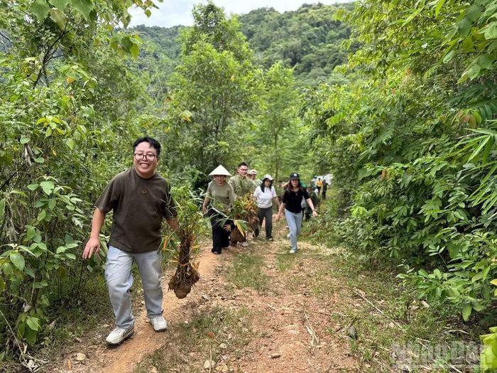 Cán bộ dự án và đơn vị tài trợ cùng bà con nhân dân địa phương chuyển cây giống lên vùng trồng.