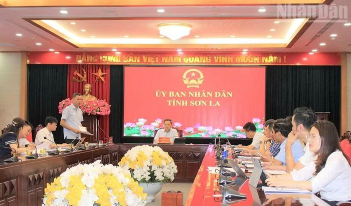 Đồng chí Nguyễn Thành Công, Phó Chủ tịch Ủy ban nhân dân tỉnh Sơn La phát biểu tại cuộc họp.
