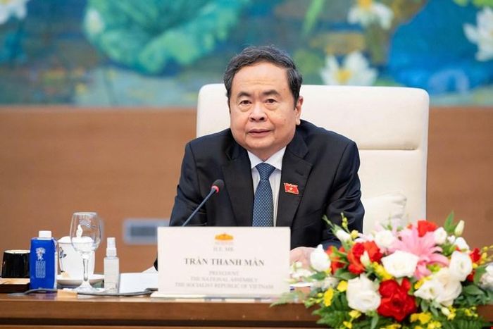 Chủ tịch Quốc hội Trần Thanh Mẫn tại buổi tiếp Quyền Tổng Thư ký Đảng Dân chủ Tự do Nhật Bản Hagiuda Koichi. Ảnh: VIẾT CHUNG
