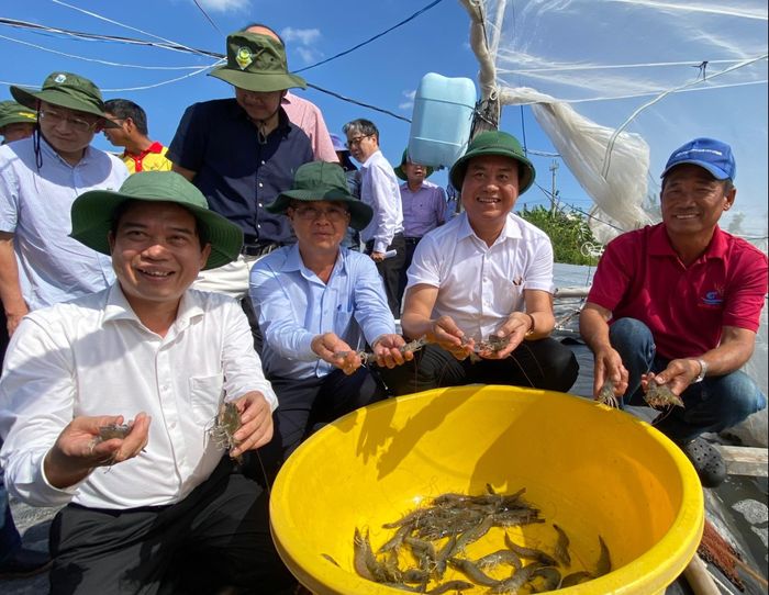 Đoàn công tác Bộ NN-MT khảo sát thực tế tại vùng nuôi tôm công nghệ cao thuộc khu vực huyện Ba Tri trước đây. Ảnh: TÍN HUY