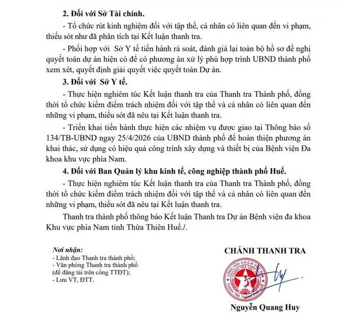 Thông báo Kết luận của Thanh tra TP Huế.