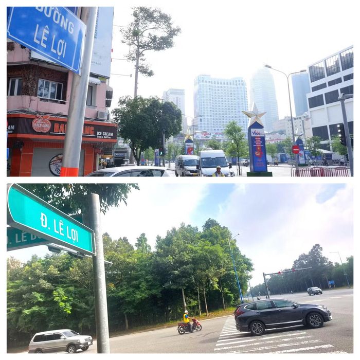 Đường Lê Lợi ở trung tâm TPHCM (ảnh trên) và đường Lê Lợi nằm ở phường Bình Dương. Ảnh: Hữu Huy - Hương Chi