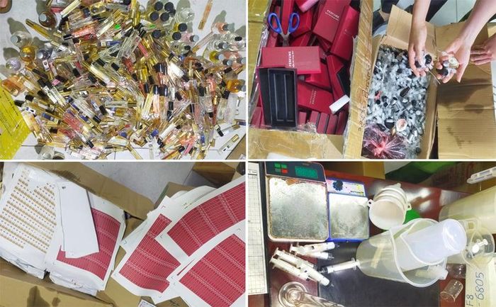 Các loại vật tư, phương tiện các đối tượng sử dụng để sản xuất, sang chiết nước hoa giả. Ảnh: CATH