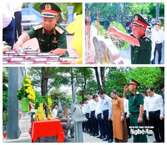 Thiếu tướng Nguyễn Sỹ Hội - Phó Chủ tịch Ủy ban MTTQ Việt Nam tỉnh, Chủ tịch Hội Cựu chiến binh tỉnh Nghệ An tiến lễ, dâng hương tưởng niệm các Anh hùng liệt sĩ tại Nghĩa trang Liệt sĩ Quốc gia Vị Xuyên (Hà Giang) và Nghĩa trang Liệt sĩ Quốc gia Đường 9 (Quảng Trị). Ảnh: Thành Cường