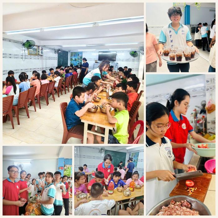 Các thành viên cùng chuẩn bị bữa ăn trong chương trình "Nấu ăn cho em" với sự đồng hành của nhà trường và phụ huynh.