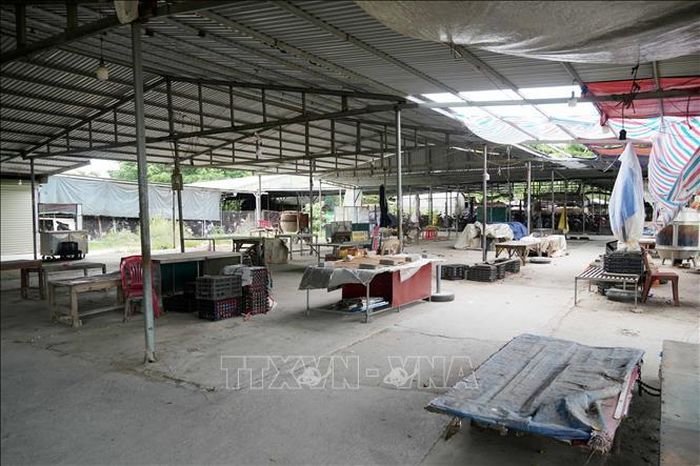 Khu vực được dựng khung sắt, lợp mái tôn có hơn 10 sạp bày bán thực phẩm vào buổi chiều để phục vụ nhu cầu mua bán của người dân và lượng lớn công nhân. Ảnh: Việt Hoàng/TTXVN