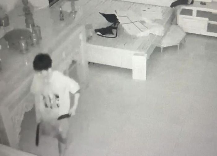 Hoàng Minh Sơn dùng dao khống chế 3 mẹ con chị V.A. để cướp dây chuyền vàng, điện thoại rồi tẩu thoát (Ảnh cắt từ camera: Công an Phú Thọ).
