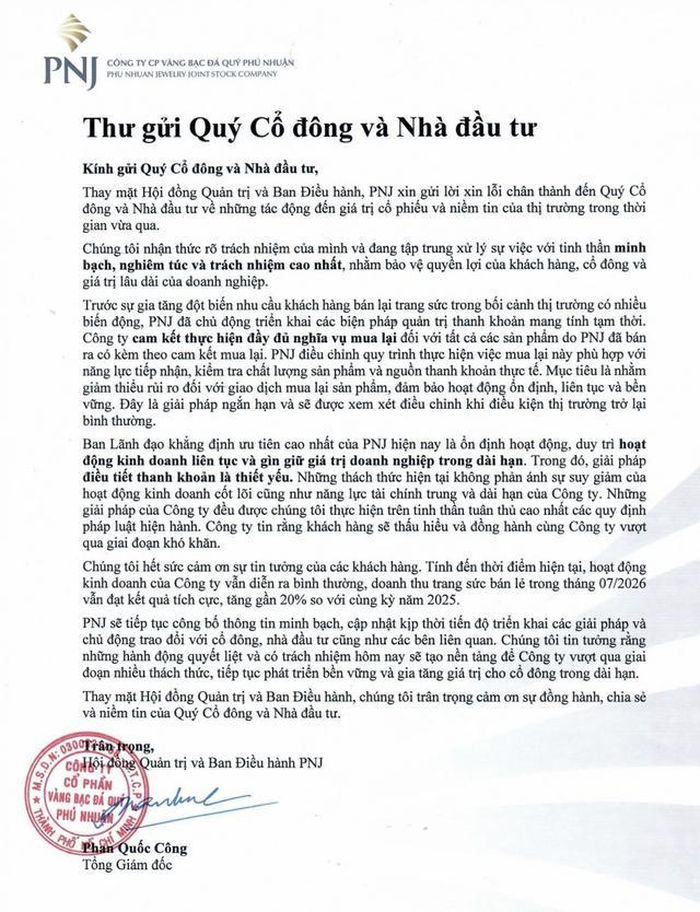 Thư gửi cổ đông và nhà đầu tư của PNJ (Ảnh: PNJ).