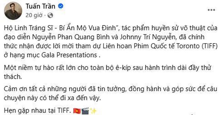 Tuấn Trần chia sẻ niềm vui khi Hộ Linh Tráng Sĩ - Bí Ẩn Mộ Vua Đinh được mời tham dự TIFF. Ảnh: Chụp màn hình.