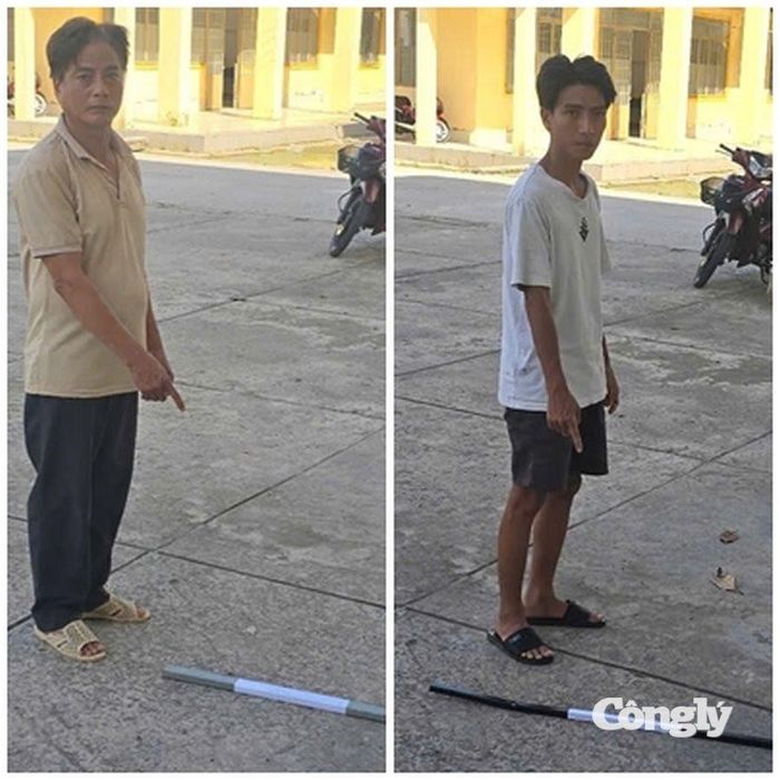 Đối tượng Phạm Văn Út Em, Phạm Nhựt Hòa (từ trái sang) và hung khí gây án