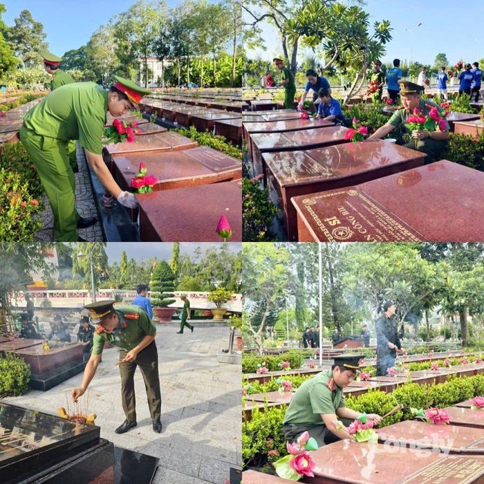 Chi đoàn Công an phường Cái Răng tham gia dâng hương, vệ sinh các phần mộ liệt sĩ tại Nghĩa trang Liệt sĩ TP Cần Thơ.