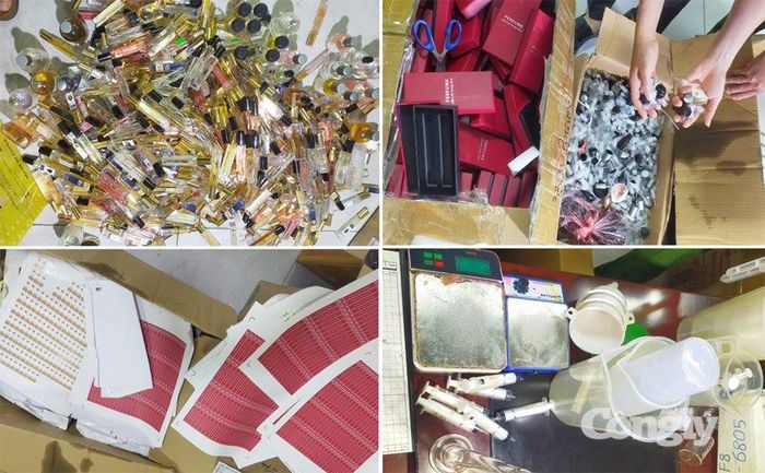 Tang vật gồm chai, lọ, bao bì, tem nhãn và dụng cụ dùng để sản xuất, sang chiết nước hoa giả bị lực lượng công an thu giữ. (Ảnh Công an cung cấp)