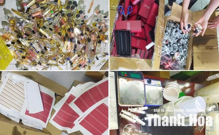 Cơ quan chức năng thu giữ nhiều vật dụng dùng để sang chiết nước hoa giả.