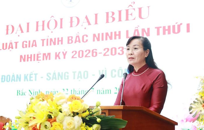 Đồng chí Nguyễn Thị Hà phát biểu tại Đại hội đại biểu Hội Luật gia tỉnh Bắc Ninh nhiệm kỳ 2026 - 2031.