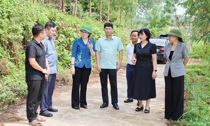 Đoàn kiểm tra tại tuyến đường bị sạt lở đang chuẩn bị được khắc phục từ nguồn kinh phí do Ủy ban MTTQ tỉnh phân bổ cho xã Đồng Kỳ.