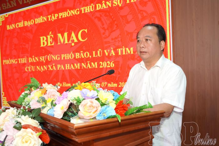 Phó Chủ tịch UBND tỉnh Nguyễn Minh Phú phát biểu tại cuộc diễn tập.