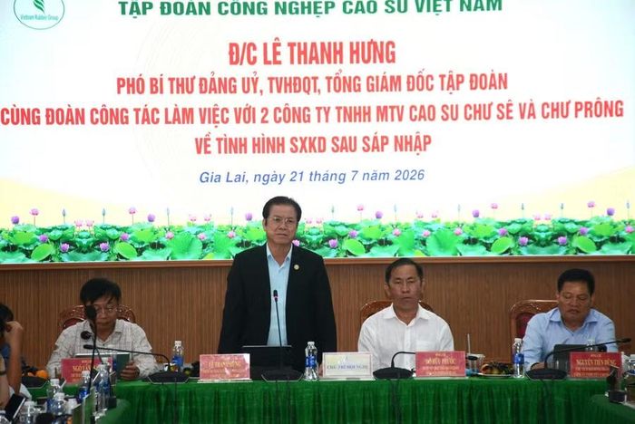 Ông Lê Thanh Hưng (đứng)-Tổng Giám đốc Tập đoàn Công nghiệp Cao su làm việc với Công ty Cao su Chư Sê và Công ty Cao su Chư Prông. Ảnh: Văn Vĩnh