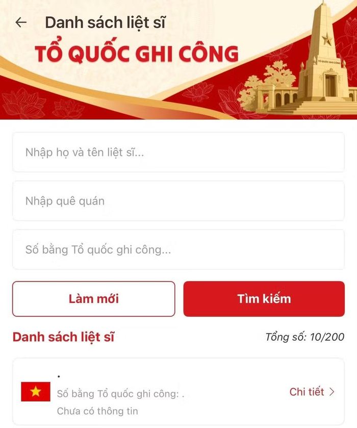  Giao diện tra cứu thông tin liệt sĩ trên VNeID. Ảnh chụp màn hình 