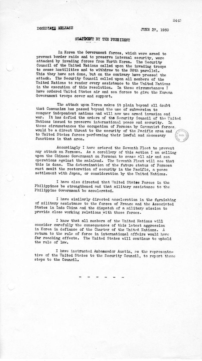 Bản tuyên bố của Tổng thống Truman về tình hình Triều Tiên, ngày 27/6/1950