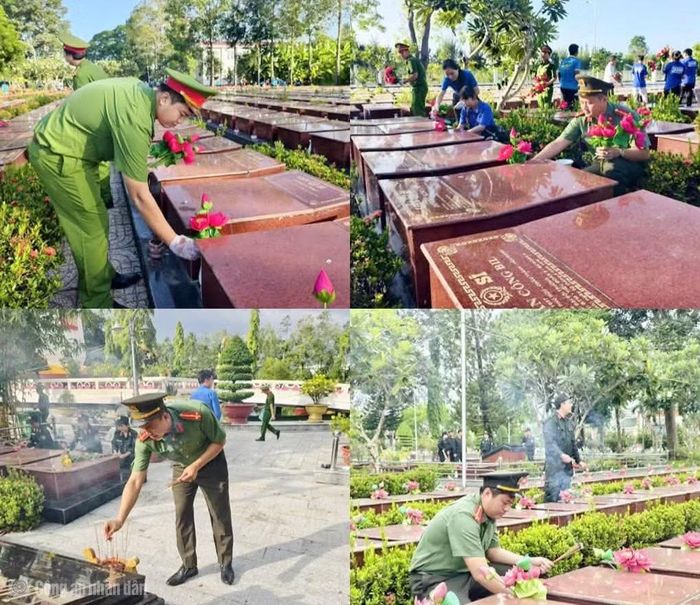 Công an phường Cái Răng dâng hương, dọn vệ sinh các phần mộ liệt sĩ tại Nghĩa trang liệt sĩ TP Cần Thơ (ảnh do CATP Cần Thơ cung cấp).