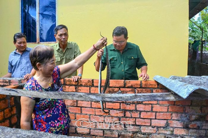 Hội CCB xã Vĩnh Phước tham quan mô hình nuôi rắn của CCB Ngô Thanh Bình (thứ hai từ phải qua).