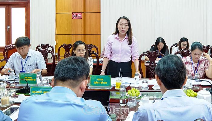 Đại diện Chi cục Quản lý đất đai (Sở NN&amp;MT) báo cáo về tình hình quản lý đất đai trên địa bàn tỉnh.
