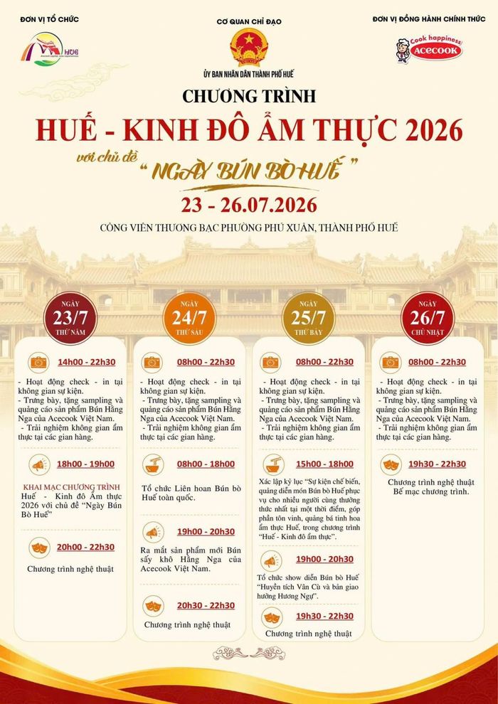 Lịch trình sự kiện "Huế Kinh đô Ẩm thực 2026" với chủ đề "Ngày Bún Bò Huế"