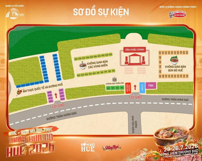 Sơ đồ sự kiện "Huế - Kinh đô Ẩm thực 2026" với chủ đề "Ngày Bún Bò Huế"